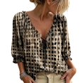 thumbnail image 1 of Women Abstract Geometric Print Drawstring V Neck Ruffled Top,Khaki,S, 1 of 3