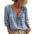 thumbnail image 1 of Women Abstract Geometric Print Drawstring V Neck Ruffled Top,Light Blue,XL, 1 of 2