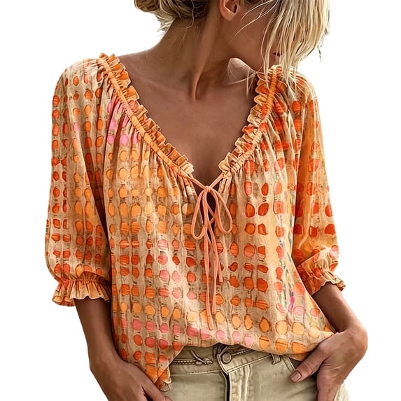 Women Abstract Geometric Print Drawstring V Neck Ruffled Top,Orange,M