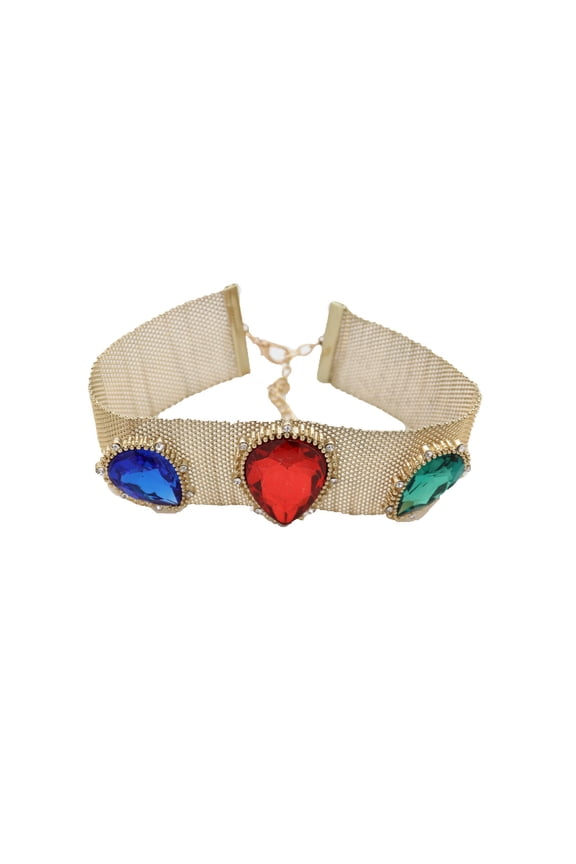 Women Accessory Gold Mesh Metal Choker Wide Band Necklace Red Blue Green Beads