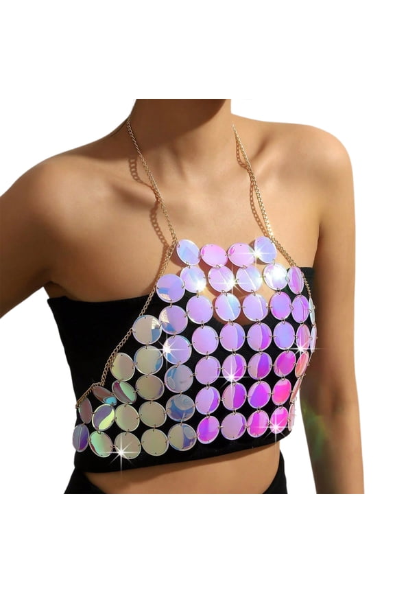 Women Acrylic Sequins Halterneck Chest Chain Crop Top Backless Hollow Out Body Jewelry Camisole Nightclub Outfit