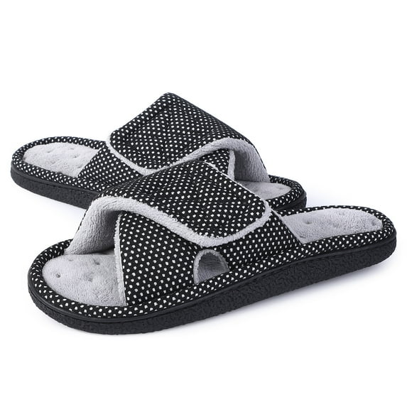 Women Adjustable Arch Support Slippers, Memory Foam Fuzzy Open Toe Velcro Flat Slides