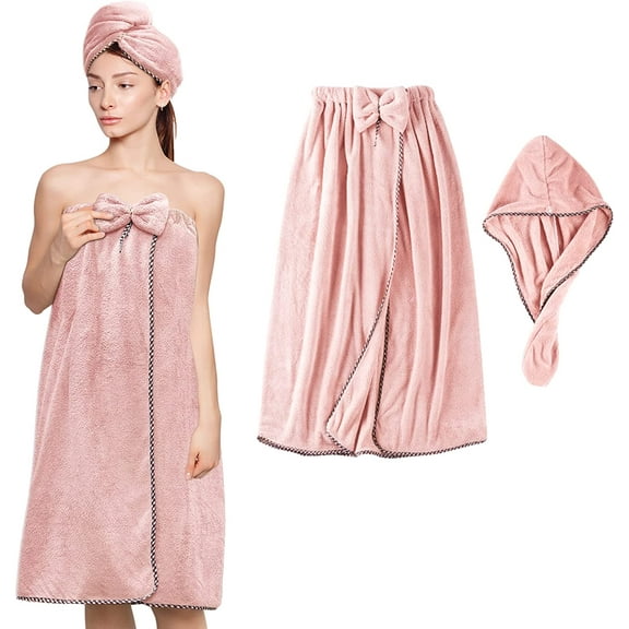 Women Adjustable Bath Towel Wrap,Soft Body Wraps Dress with Hair Towel for Shower,Super Absorbent and Quick Drying (Pink)