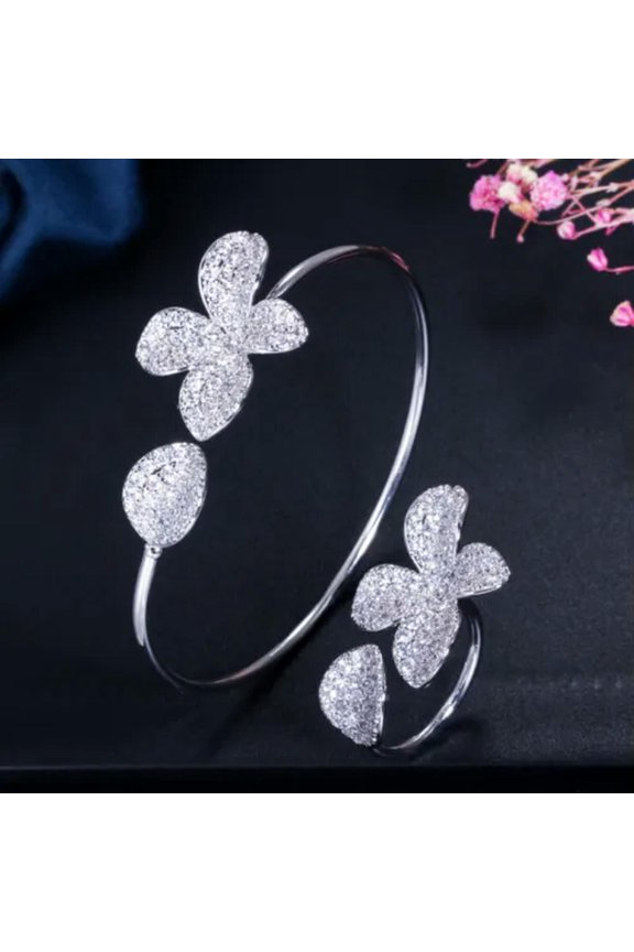 Women Adjustable CZ Rose Gold Plated Flower Open Cuff Bangle Ring Jewelry Set