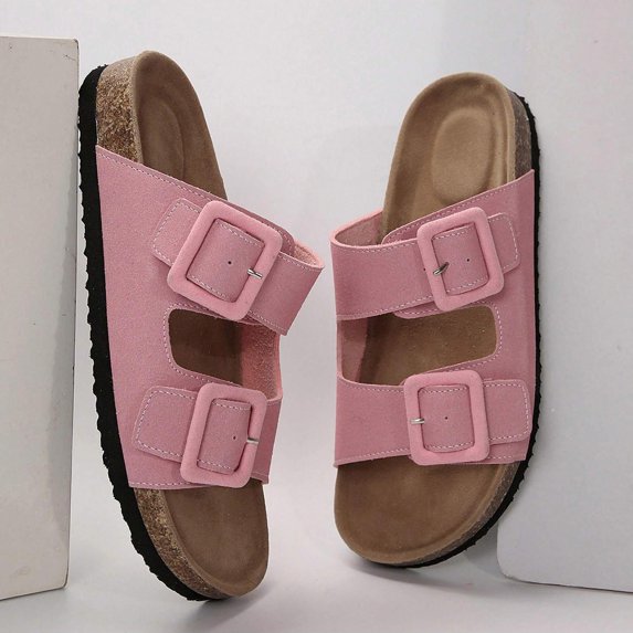 Women Adjustable Cork Footbed Sandals - Open-Toe Slides for Casual Occasions