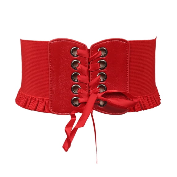 Women Adjustable Lace-up Corset Waspie Belt Wide Faux Leather Elastic Stretch Waist Cincher Vintage Retro Punk Belt for Daily Dresses Renaissance Party Outfits Red One Size