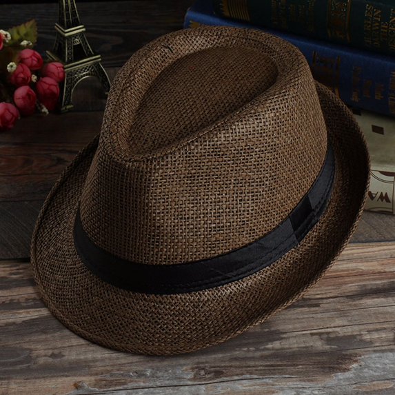 Women Adjustable Men Summer Beach Hats Wide Brim Shade Sun Caps Straw Hat Fedoras Weave DARK COFFEE