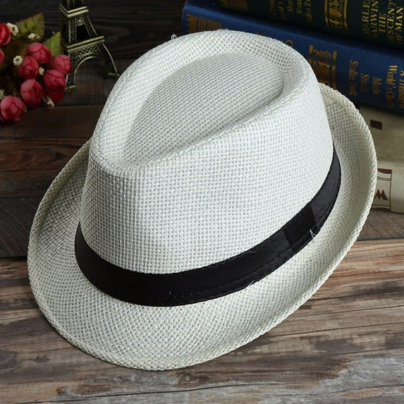 Women Adjustable Men Summer Beach Hats Wide Brim Shade Sun Caps Straw Hat Fedoras Weave WHITE