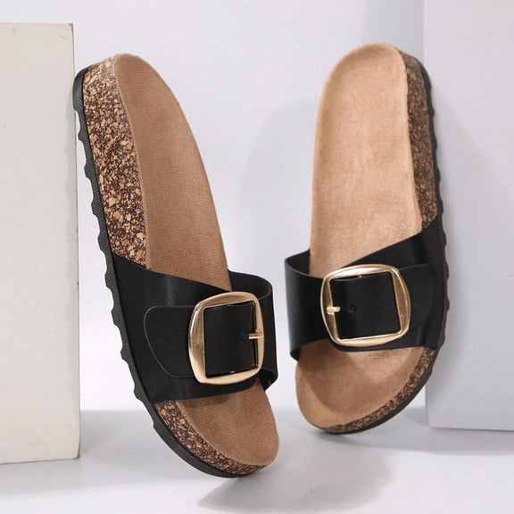Women Adjustable Strap Cork Footbed Sandals Slides Breathable Easy Wear Comfortable Summer Shoes