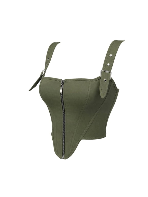 Women Adjustable Strap Corset Bodice, Front Zipper Lace Up Back Shapewear Bustier Top, Underbust Corset Crop Top Green XS-XL