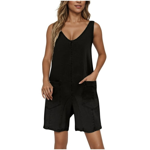 Women Adjustable Strap Denim Romper 2025 Casual Sleeveless Jumpsuit V Neck Jean Overall Shorts Loose Fit One Piece Jean Rompers Summer Outfits with Pocket