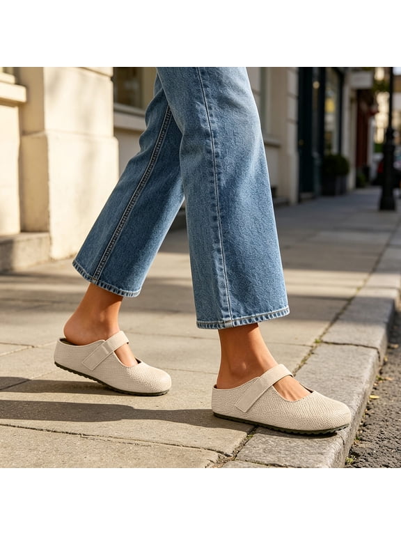 Women Adjustable Strap Mary Jane Mules, Breathable Woven Textured Slip‑on Clogs, Closed‑Toe Flat Backless Slippers for House, Outdoor Walking, Shopping