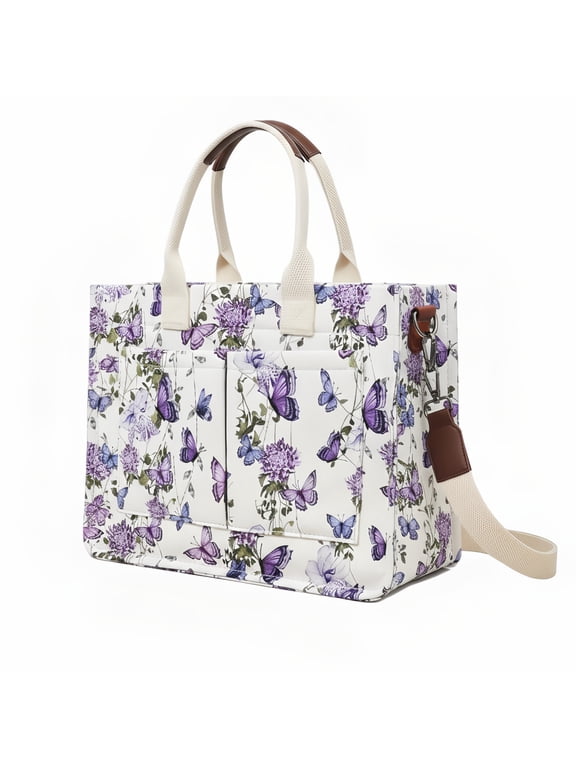Women Aesthetic Floral Butterfly Tote Handbag, Water Resistant Washable Canvas Shoulder Bag with Detachable Strap, Spacious Multi Compartment Laptop Bag for Work School Travel Perfect Gift
