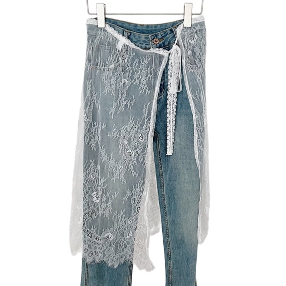 Women Aesthetic Flower Pattern Eyelash Lace Layering Apron Skirt Vintage Tie Up See Through Hip Covering Skirt Overskirt