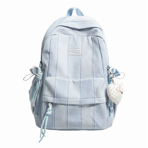 Women Aesthetic Knapsack Large Capacity Nylon Travel Backpack with Pendant Waterproof Casual Rucksack for Picnics and Recreation (Blue)