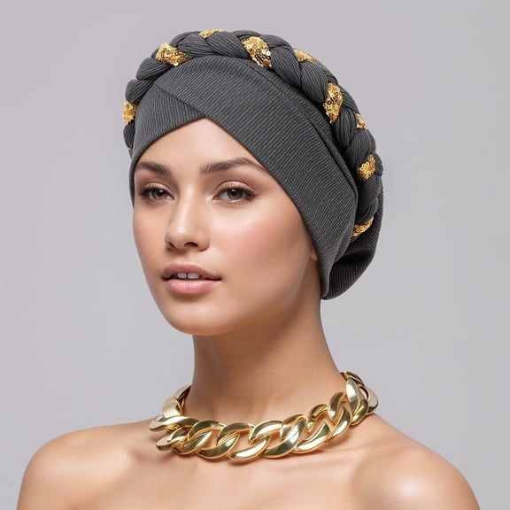 Women African Turban Bling Rhinestones Beanie Cap Headwear Pre-Tied Crystal Head Wrap
