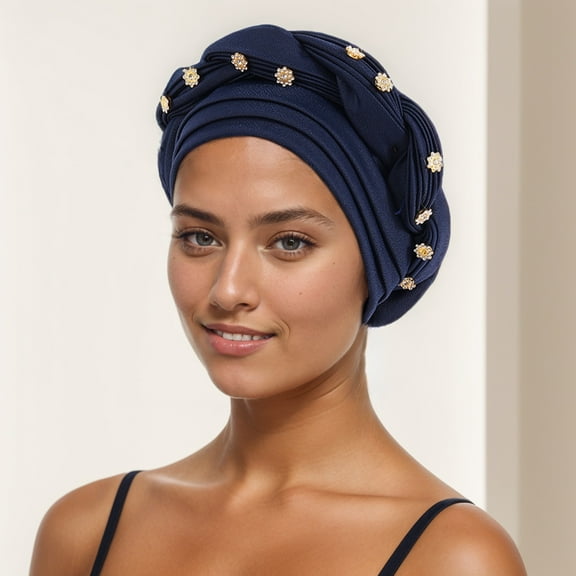 Women African Turban Pre-Tied Twisted Beanie Cap Headwear Rhinestone Soft Stretchy Head Turbans