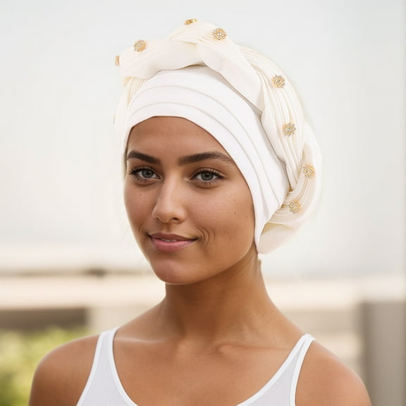 Women African Turban Pre-Tied Twisted Beanie Cap Headwear Rhinestone Soft Stretchy Head Turbans