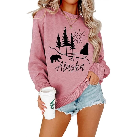 Women Alaska bear print pullover long sleeve sweatshirt