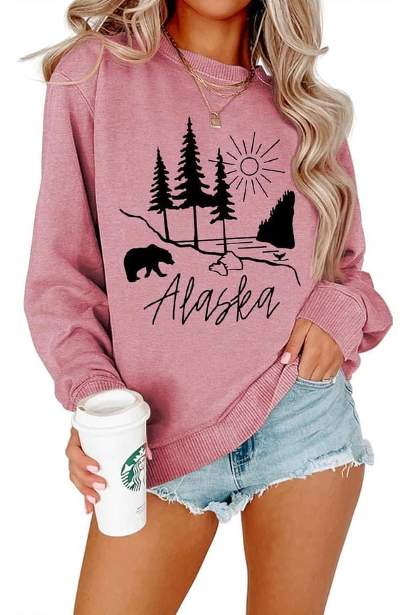 Women Alaska bear print pullover long sleeve sweatshirt
