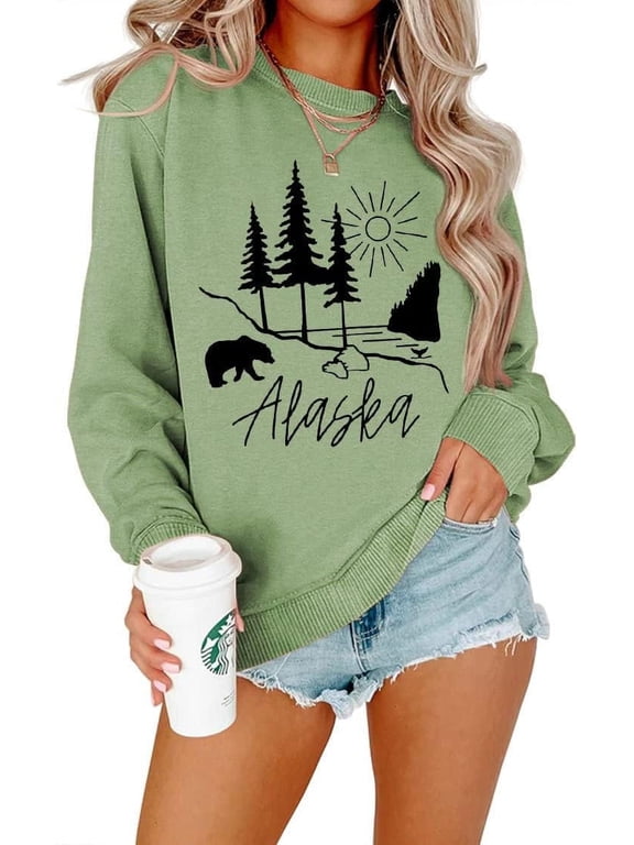 Women Alaska bear print pullover long sleeve sweatshirt