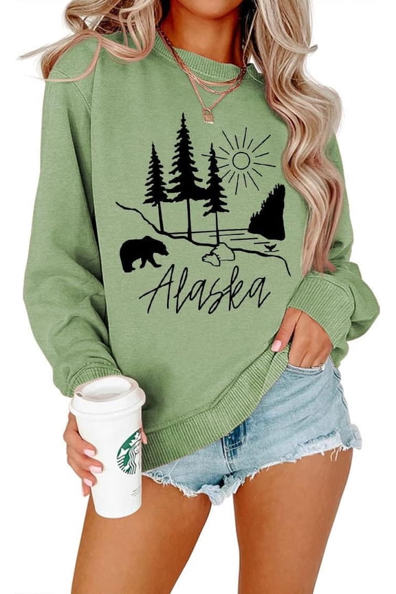 Women Alaska bear print pullover long sleeve sweatshirt