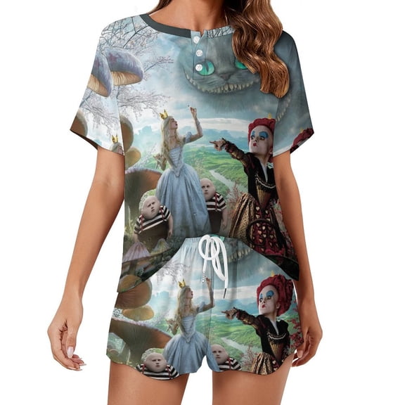 Women Alice in Wonden-Lan Summer Pajamas Set Loungewear Sleepwear Short Sleeve Shirt with Shorts