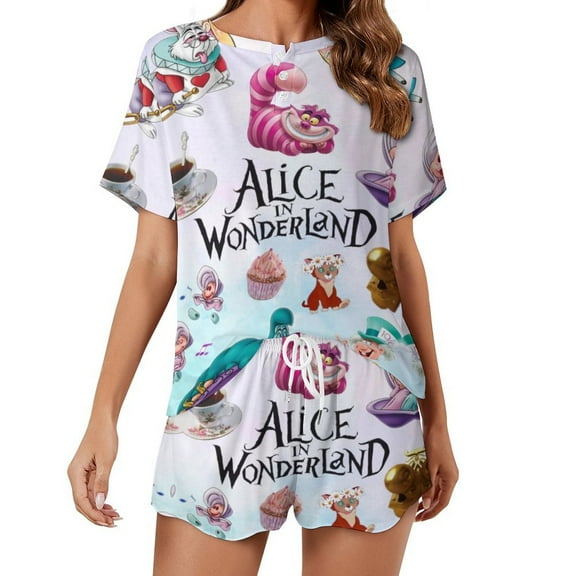 Women Alice in Wonden-Lan Summer Pajamas Set Loungewear Sleepwear Short Sleeve Shirt with Shorts