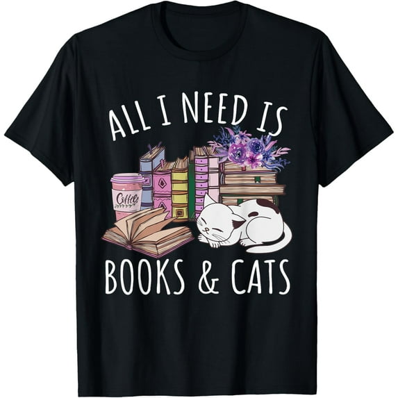 Women All I Need Is Books And Cats Cat Lover Kitten Reading T-ShirtMen and women, White Black T-shirt, size: Extra large S-2122XL