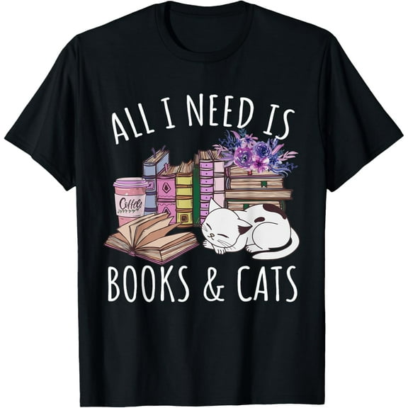 Women All I Need Is Books And Cats Cat Lover Kitten Reading T-ShirtMen and women, White Black T-shirt, size: Extra large S-2122XL