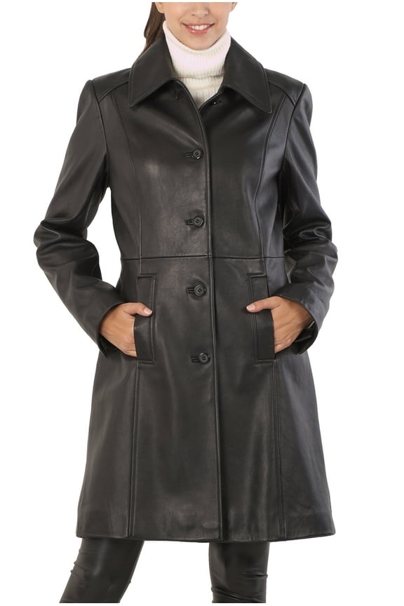 Women Amber Lambskin Leather Walking Coat (Regular & Plus Size & Petite)