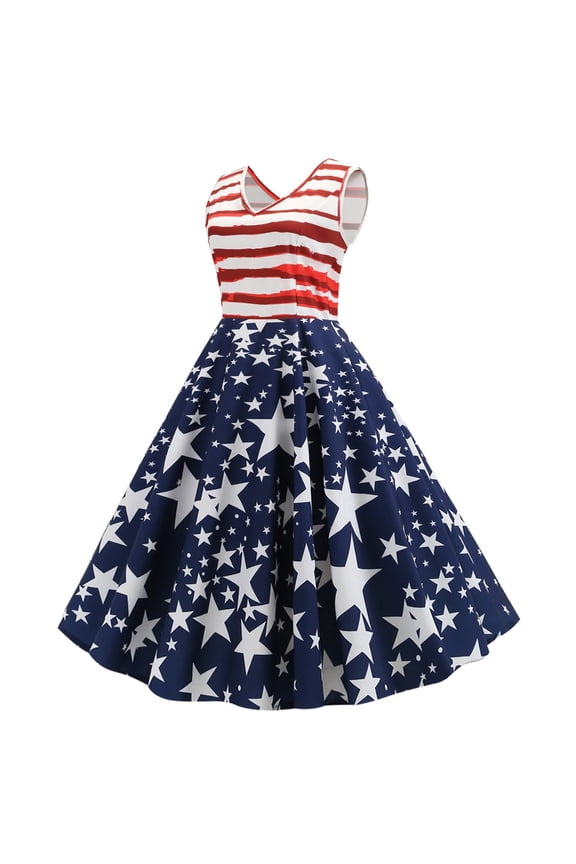 Women American Flag Dress New 4th of July Independence Days Dresses Red White and Blus Prom Sundress V Neck
