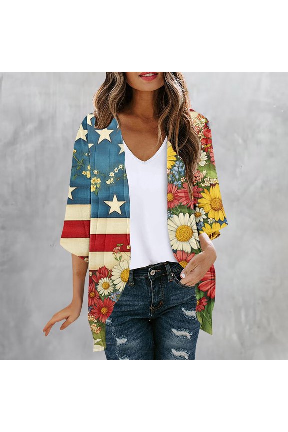Women American Flag Kimono 4th of July Cover Up Lightweight Cardigan 4th of July Cover Ups for Women