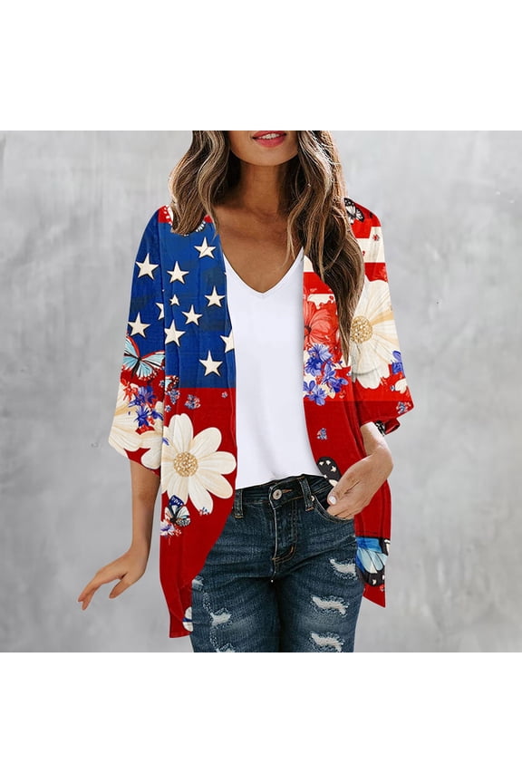 Women American Flag Kimono 4th of July Cover Up Lightweight Cardigan 4th of July Cover Ups for Women