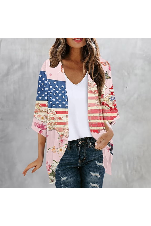 Women American Flag Kimono 4th of July Cover Up Lightweight Cardigan 4th of July Cover Ups for Women