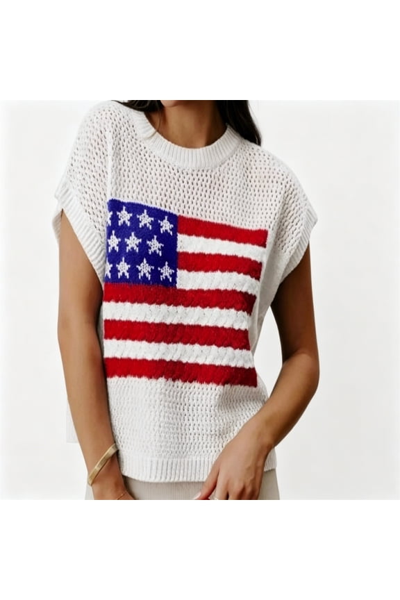 Women American Flag Lightweight Sweater Vest Short Sleeve Patriotic Knit Top for Summer 4th of July Holiday