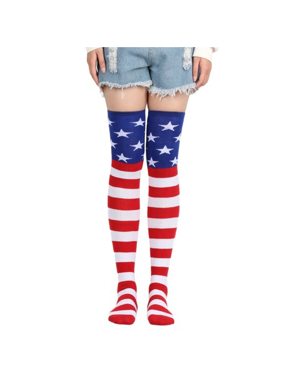 Women American Flag Thigh High Stockings Star Stripes Design Over Knee Socks