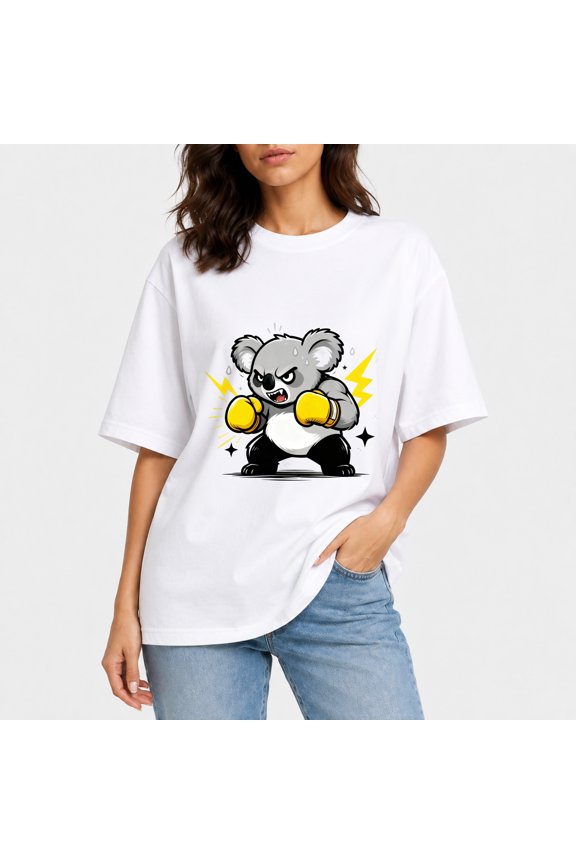 Women Angry Boxing Koala Lightning Oversized T-Shirt, Tough Fighter Koala Cartoon Graphic Tee