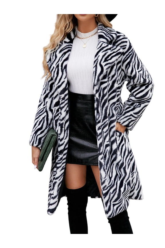 Women Animal Print Fleece Coat Winter Fashion Fuzzy Jacket Faux Fur Cardigan Overcoat White L