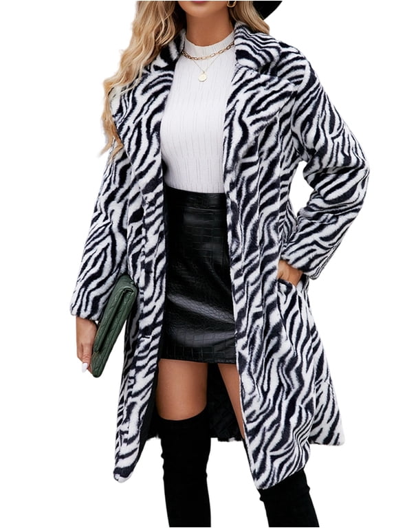 Women Animal Print Fleece Coat Winter Fashion Fuzzy Jacket Faux Fur Cardigan Overcoat White XXL