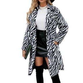 Women Animal Print Fleece Coat Winter Fashion Fuzzy Jacket Faux Fur Cardigan Overcoat White XXL