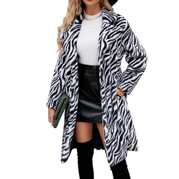 Women Animal Print Fleece Coat Winter Fashion Fuzzy Jacket Faux Fur Cardigan Overcoat White XXL
