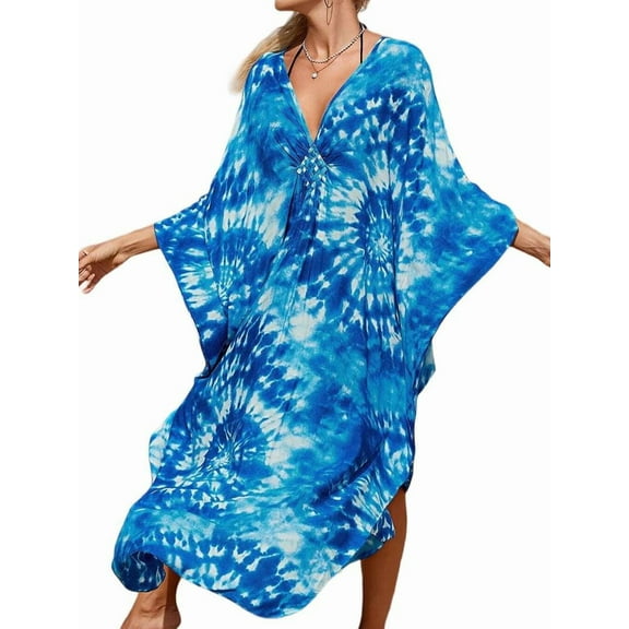 Women Animal Print Kaftan Dresses Plus Size Swimsuit Coverup 2025 Summer Bathing Suit Beach Dress Blue Smoky One Size