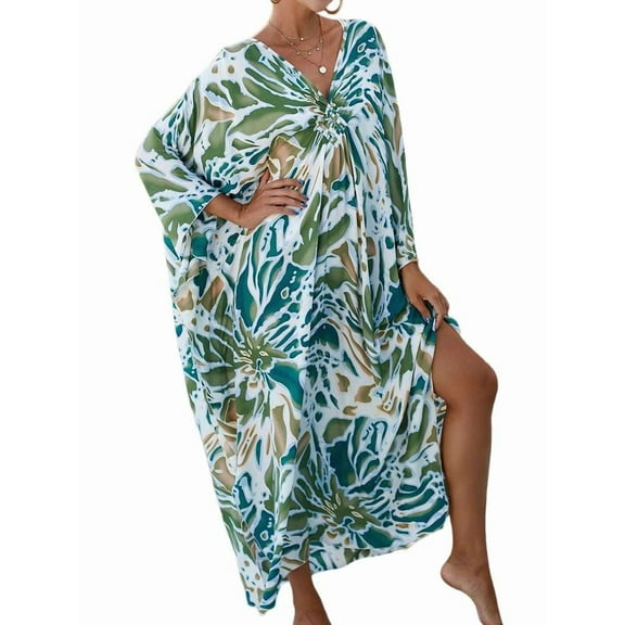 Women Animal Print Kaftan Dresses Plus Size Swimsuit Coverup 2025 Summer Bathing Suit Beach Dress Green&Yellow One Size