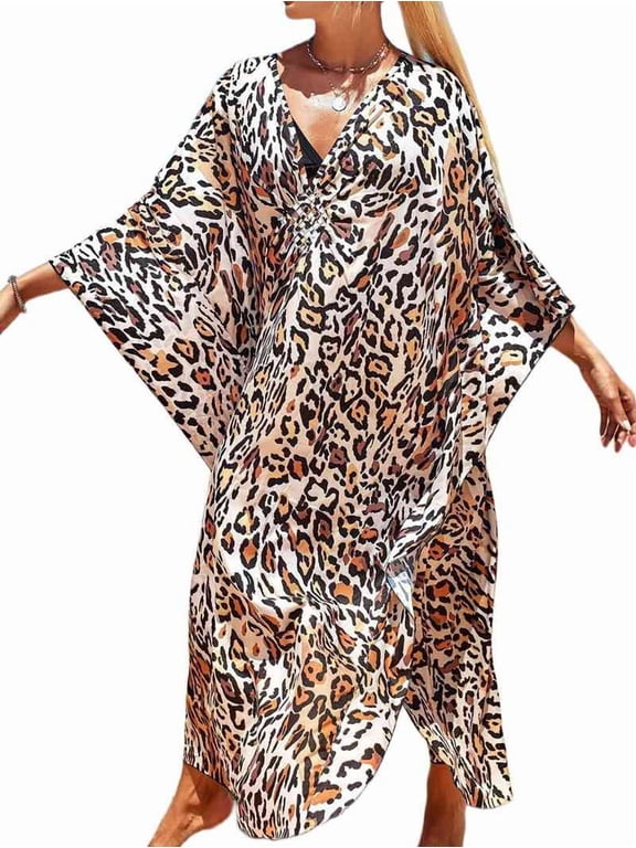 Women Animal Print Kaftan Dresses Plus Size Swimsuit Coverup 2025 Summer Bathing Suit Beach Dress Leopard Print One Size