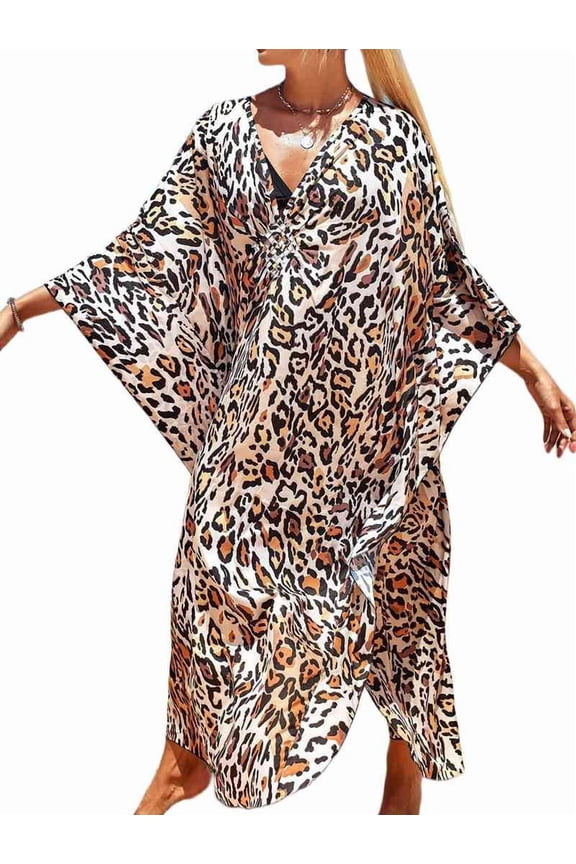 Women Animal Print Kaftan Dresses Plus Size Swimsuit Coverup 2025 Summer Bathing Suit Beach Dress Leopard Print One Size