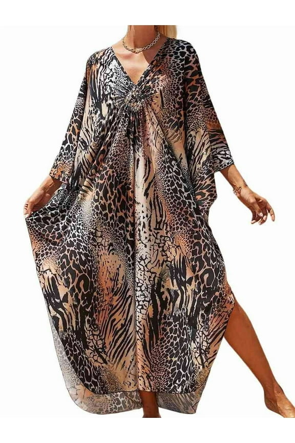 Women Animal Print Kaftan Dresses Plus Size Swimsuit Coverup 2025 Summer Bathing Suit Beach Dress LeopardPoint One Size