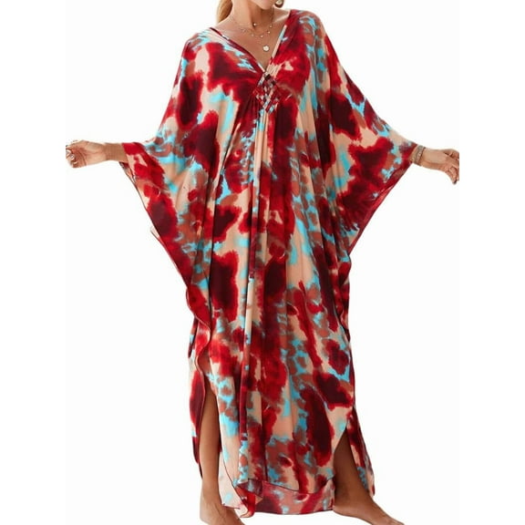 Women Animal Print Kaftan Dresses Plus Size Swimsuit Coverup 2025 Summer Bathing Suit Beach Dress Red & Blue One Size