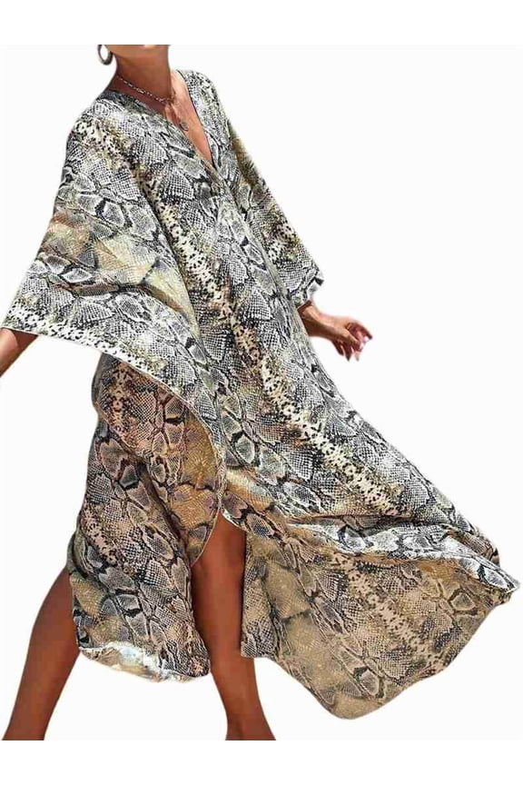 Women Animal Print Kaftan Dresses Plus Size Swimsuit Coverup 2025 Summer Bathing Suit Beach Dress Snake Print One Size