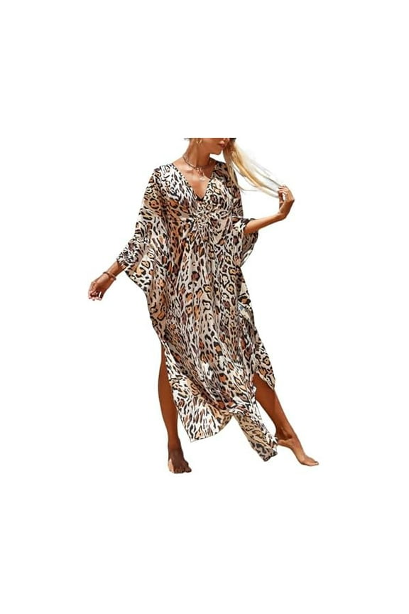 Women Animal Print Kaftan Dresses Plus Size Swimsuit Coverup 2025 Summer Bathing Suit Caftan Loungewear Beach Dress